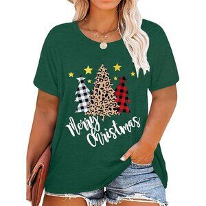 Women Plus Size Christmas Leopard Tree T-Shirt Short Sleeve Holiday Top